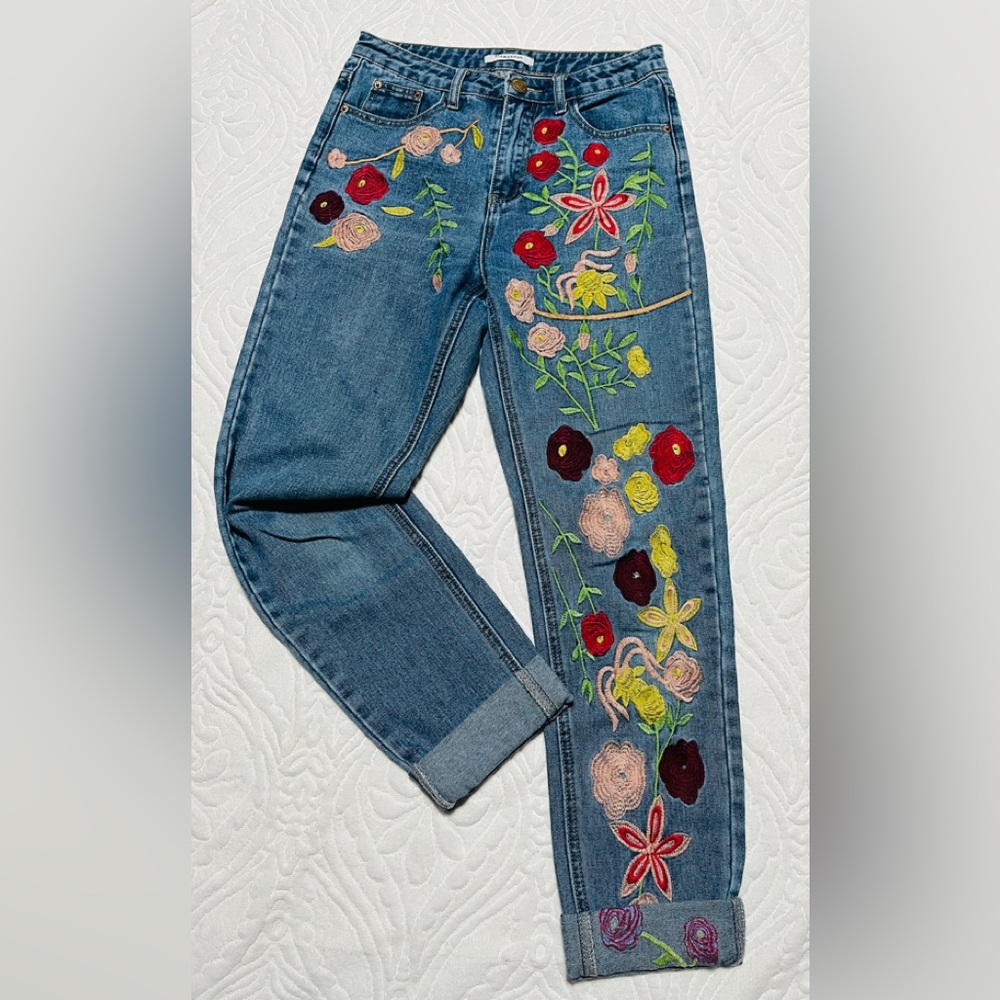 Glamorous Blue Jeans with Colorful Floral Embroidery